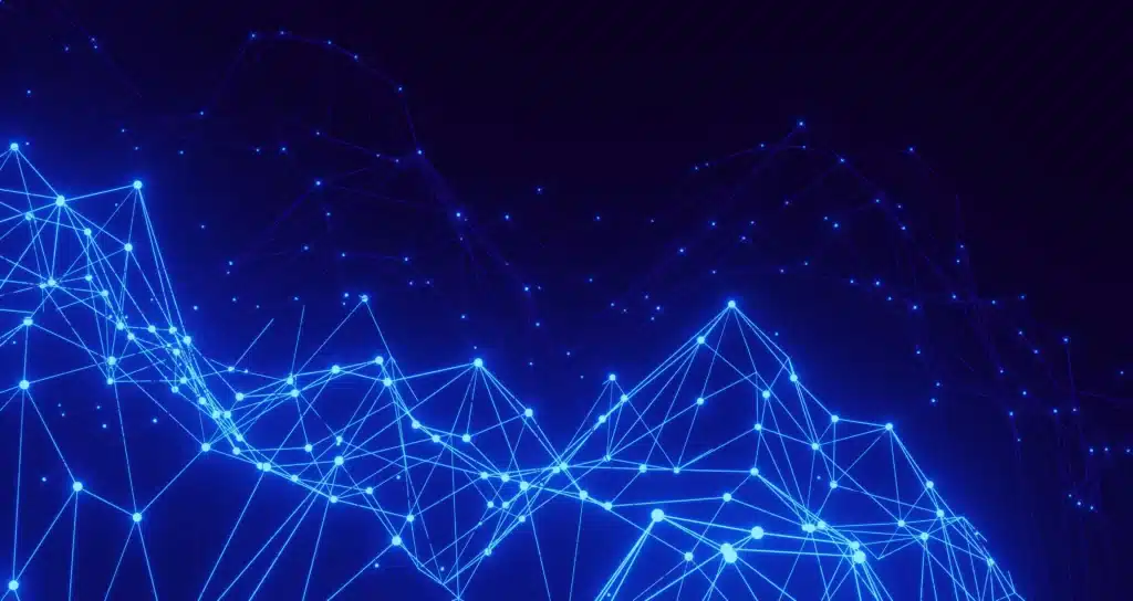 Das Bild zeigt ein digitales Netzwerk aus leuchtenden blauen Linien und verbundenen Punkten auf dunklem Hintergrund. Die abstrakte Darstellung symbolisiert CRM-Systeme, Datenvernetzung, digitale Kommunikation und moderne Kundenbeziehungsmanagement-Prozesse.